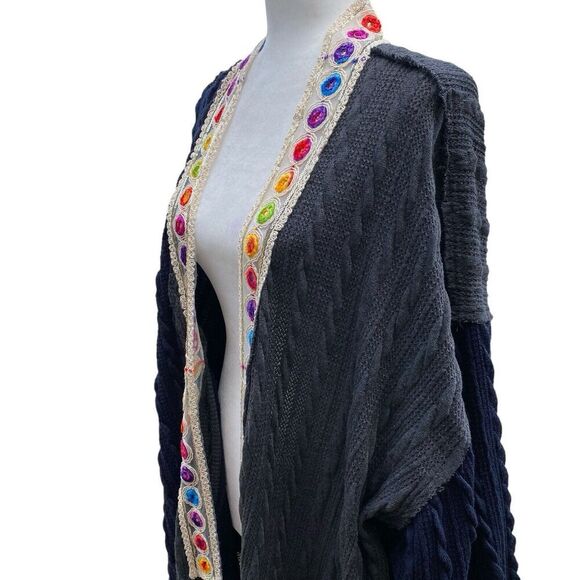 Pol Long Open Front Cardigan Kimono Knitted Navy Gray‎ Boho Embroidery SMJ368C - Picture 4 of 13